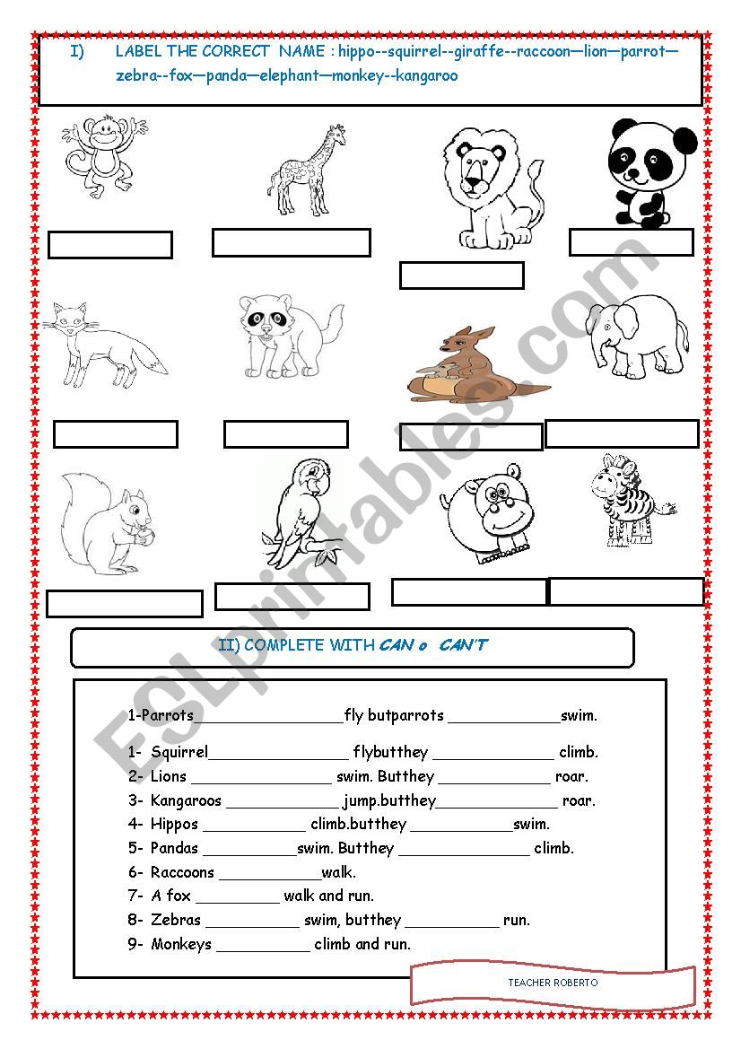 animals and their abilities, can cant worksheet 