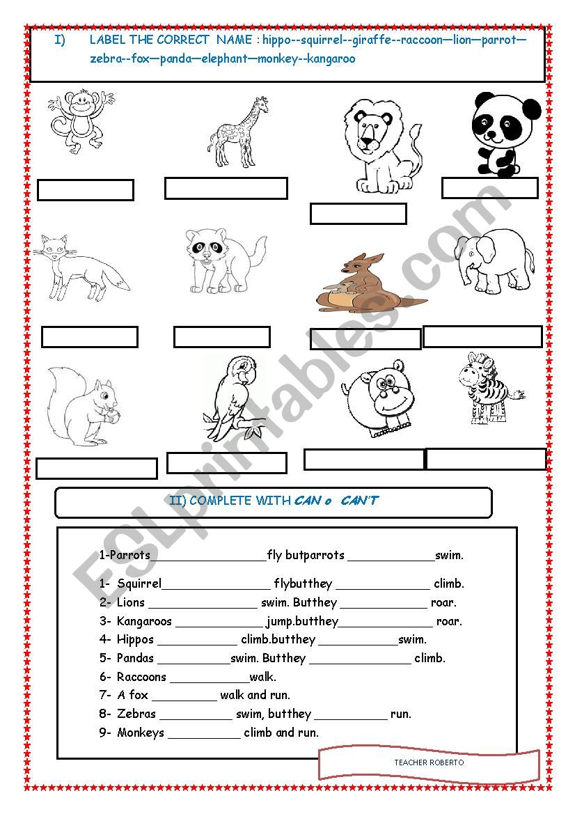 animals and their abilities, can canÂ´t worksheet 