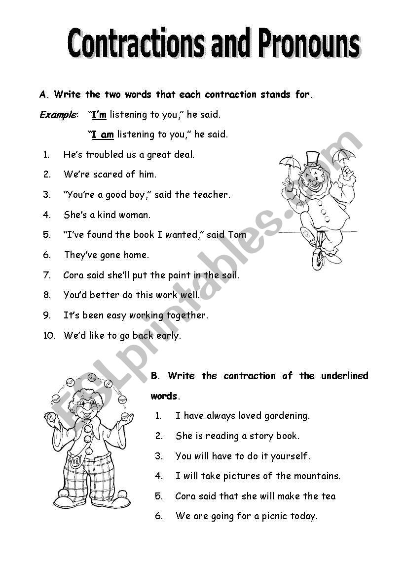 Contractions and Pronouns worksheet
