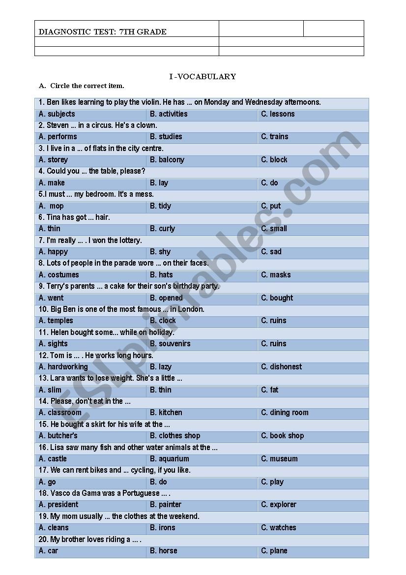 DIAGNOSTIC TEST worksheet