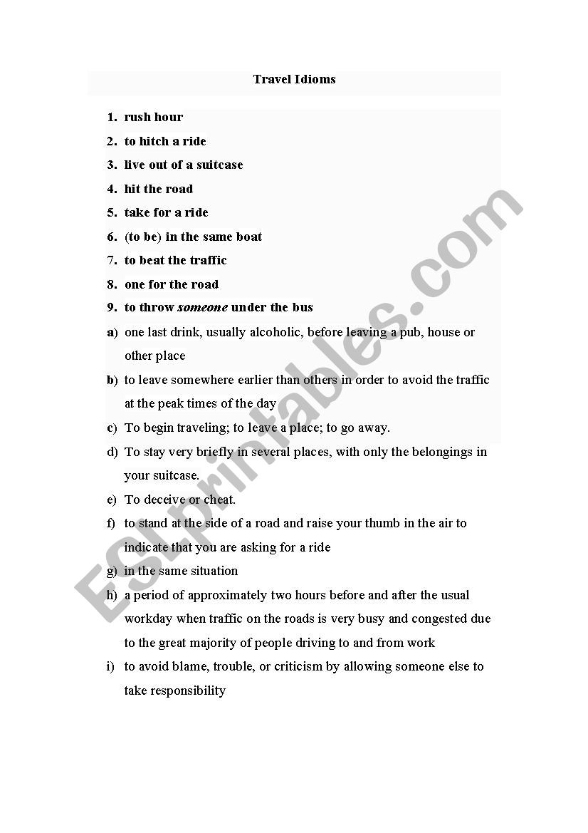 travel idioms worksheet