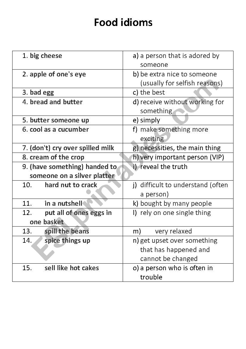 food idioms  worksheet