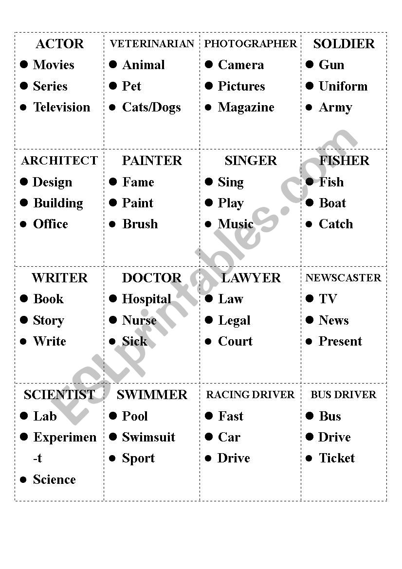 Jobs Taboo Cards worksheet