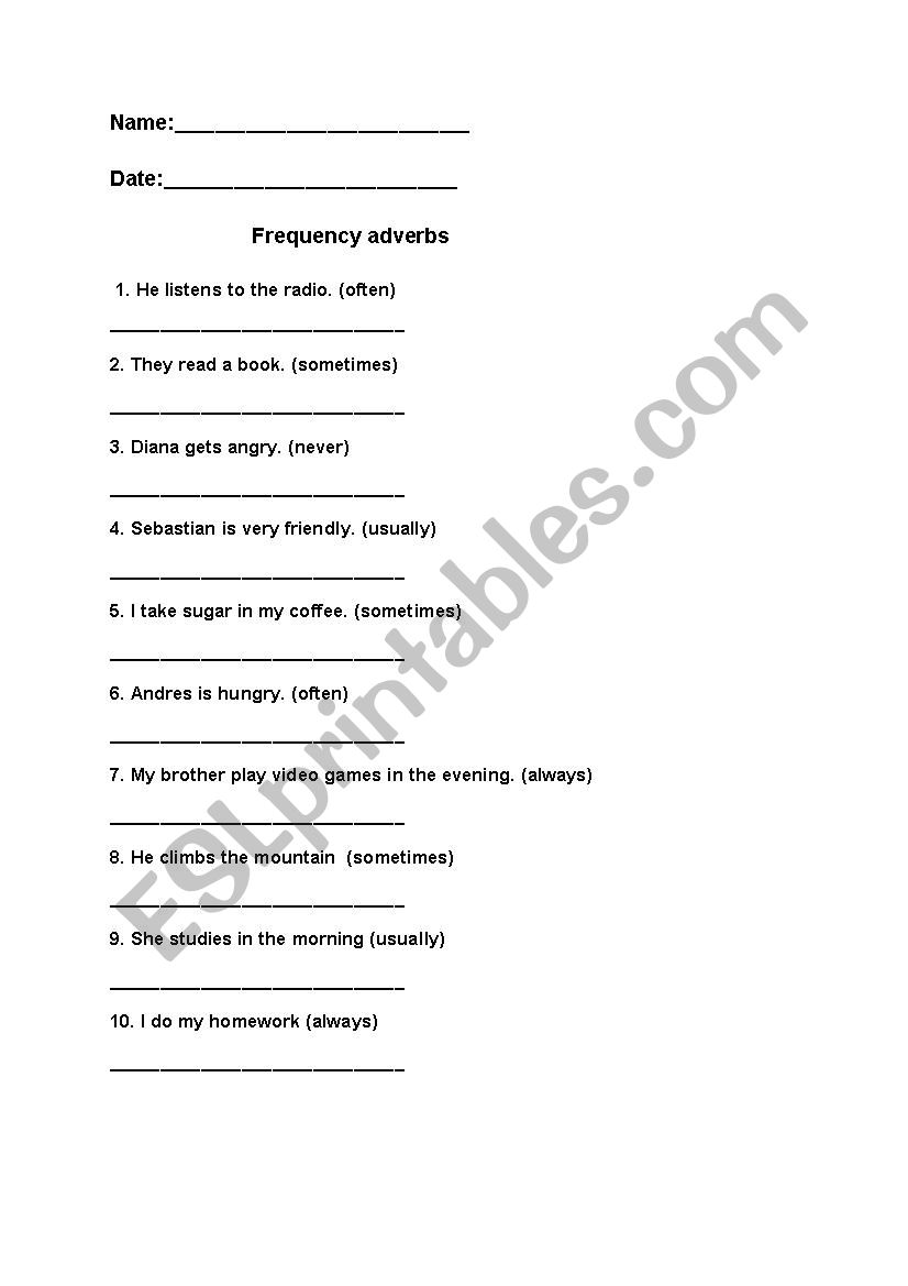 Worksheet frequency adverbs worksheet