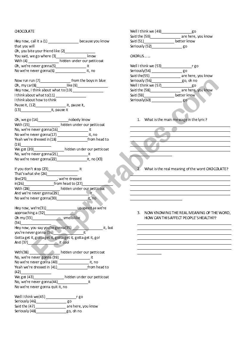 Chocolate 1979 worksheet