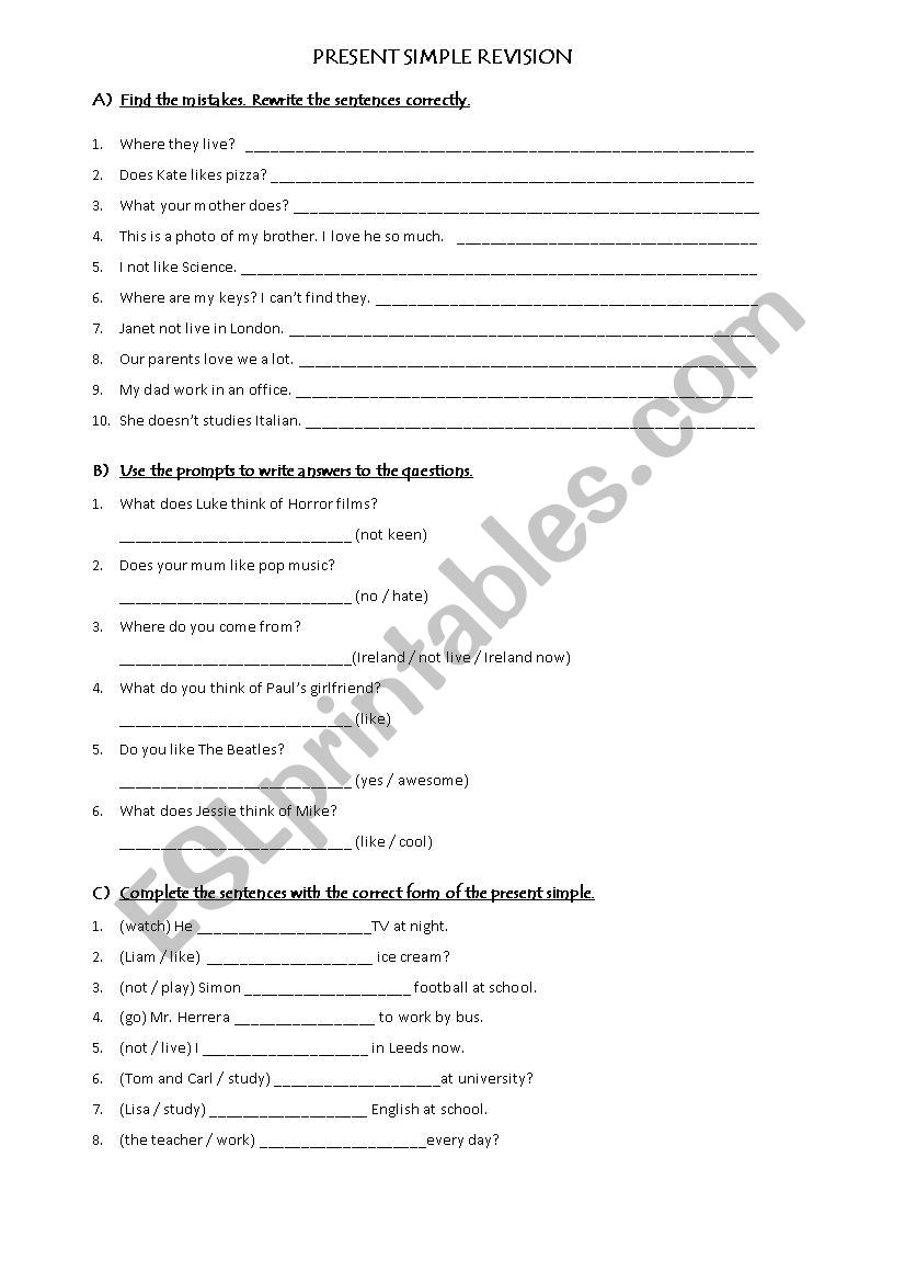 Present simple revision worksheet
