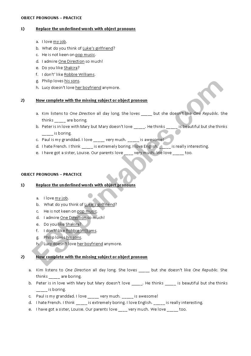 Object pronouns worksheet