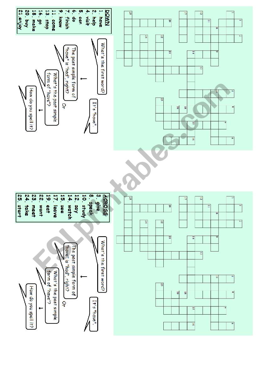 Past simple verbs crosswords worksheet