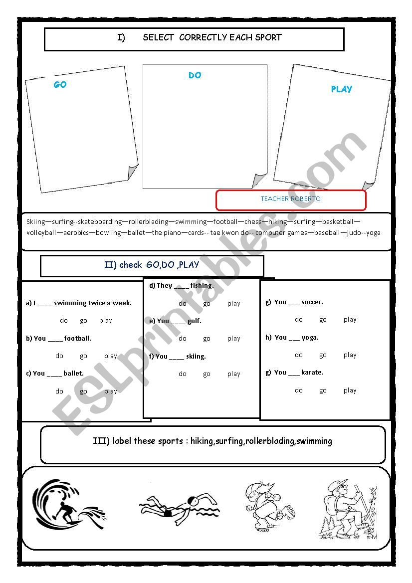 sports and hobbies GO DO PLAY worksheet