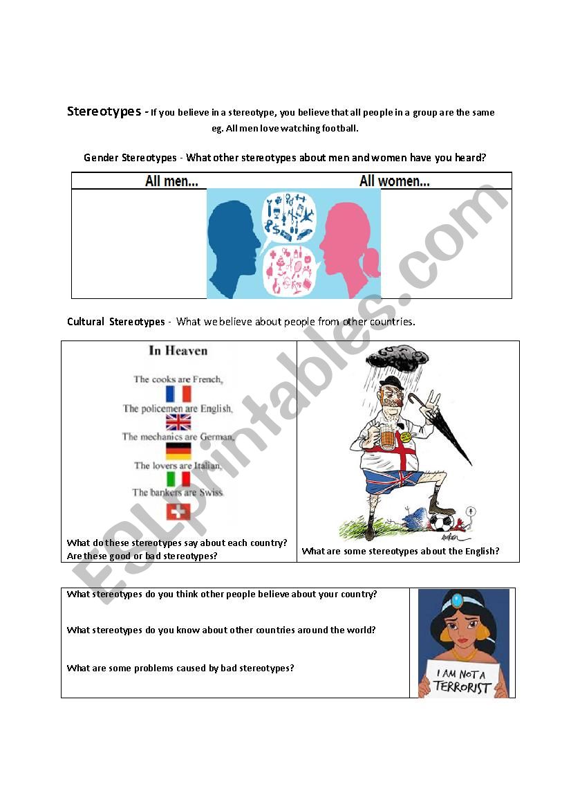 Stereotypes worksheet