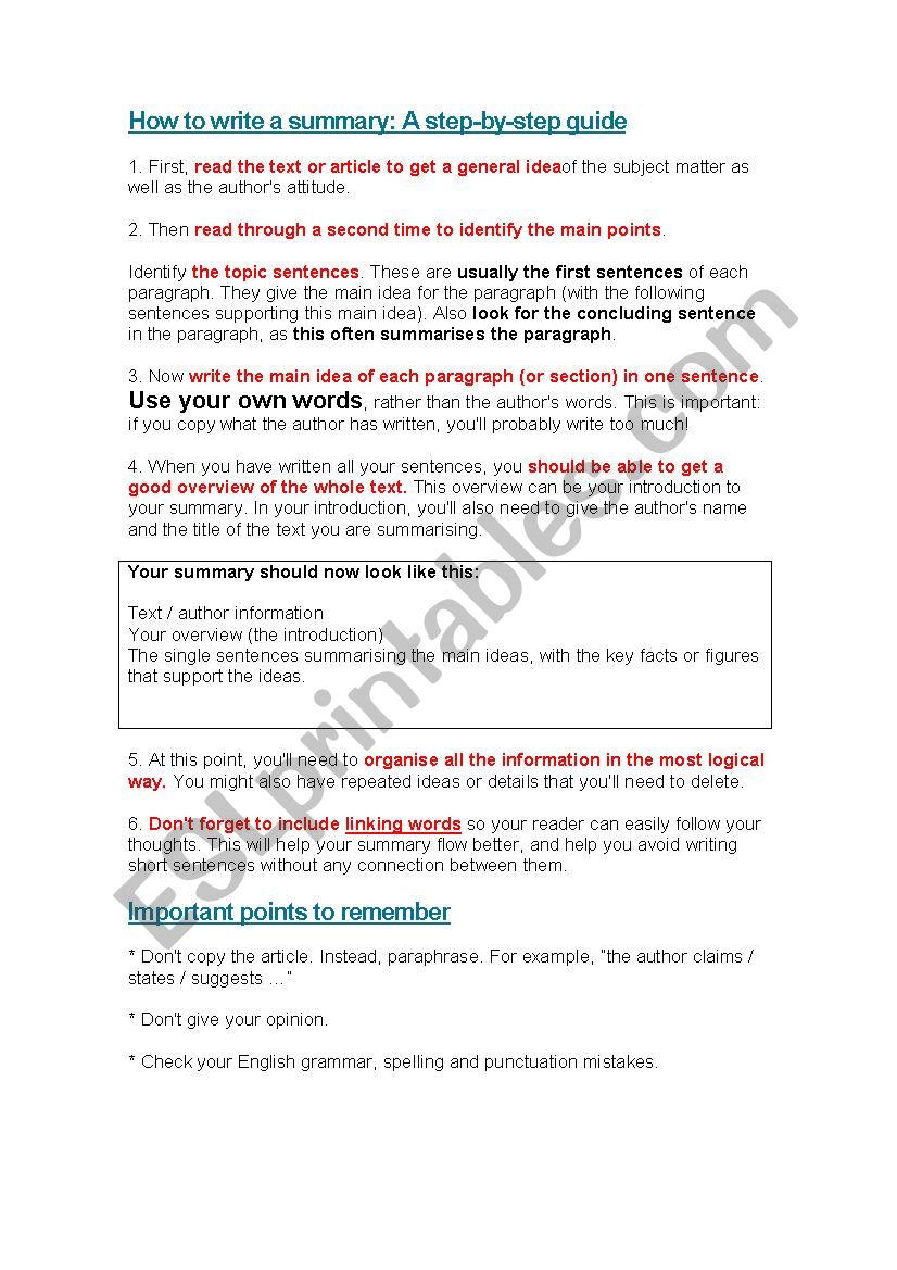 How to write a summary worksheet