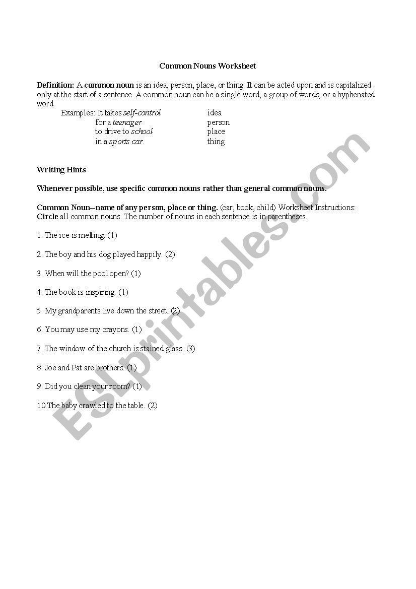 parts of speech worksheet