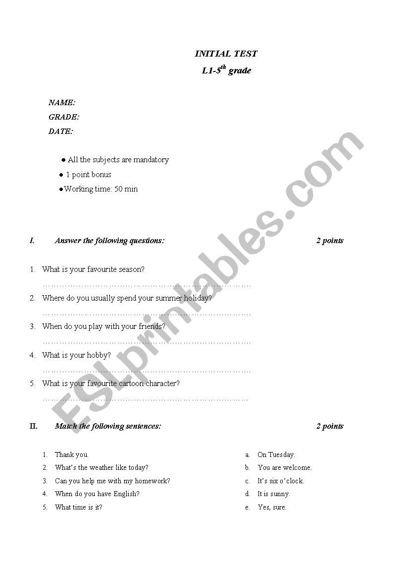 Initial test 5th Grade worksheet