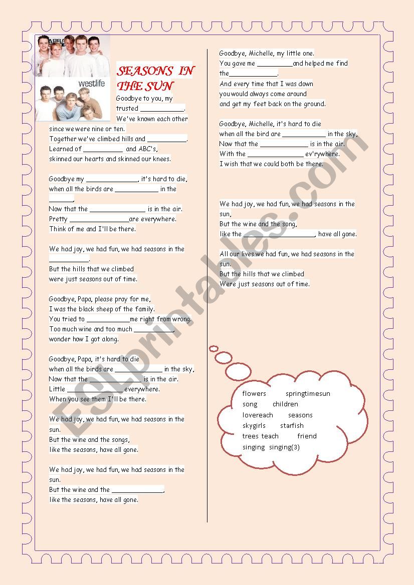 Seasons in the sun - Westlife worksheet