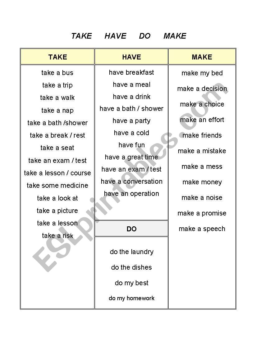 TAKE HAVE DO MAKE worksheet