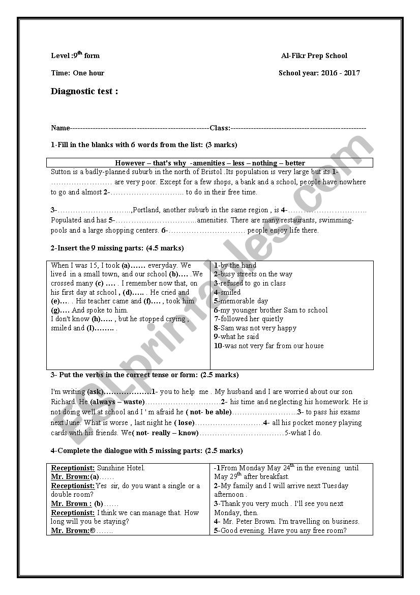 diagnostic test 9 year  worksheet