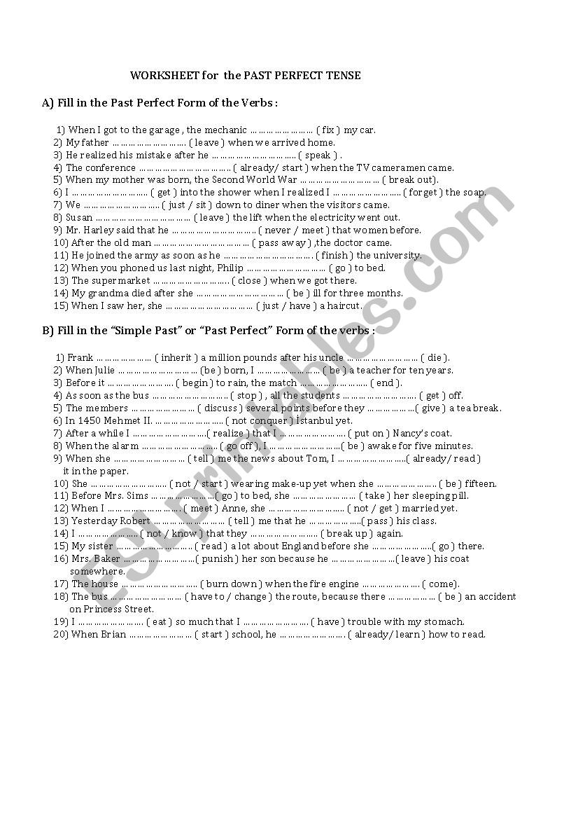 PAST PERFECT TENSE and SIMPLE PAST TENSE EXERCISES