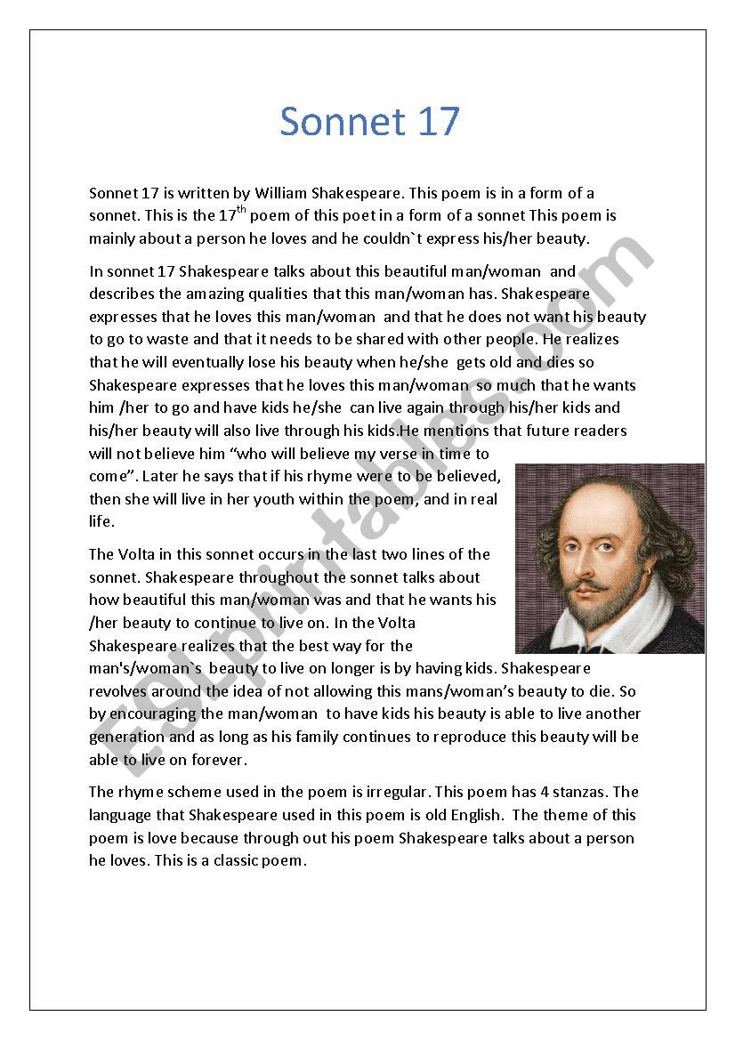 Sonnet 17  worksheet