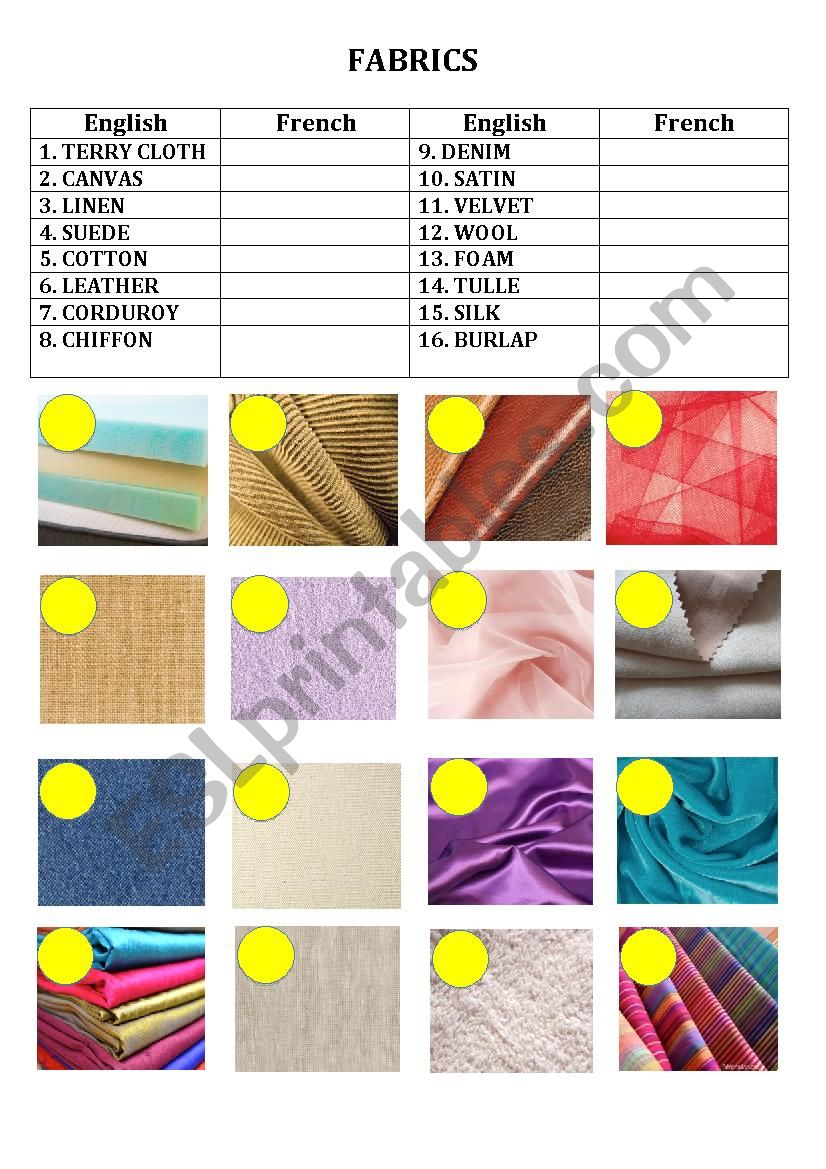 FABRICS worksheet