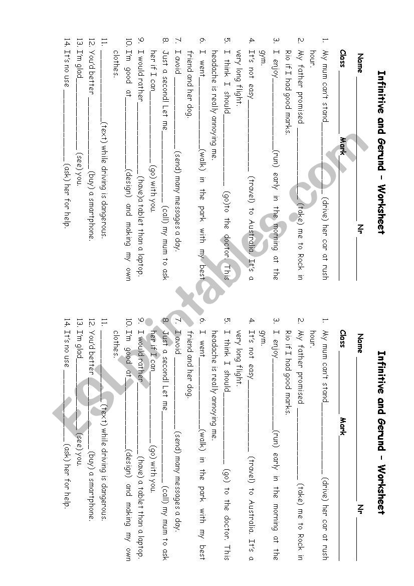 Infinitive vs Gerund worksheet