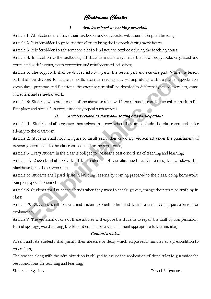 Classroom Charter worksheet