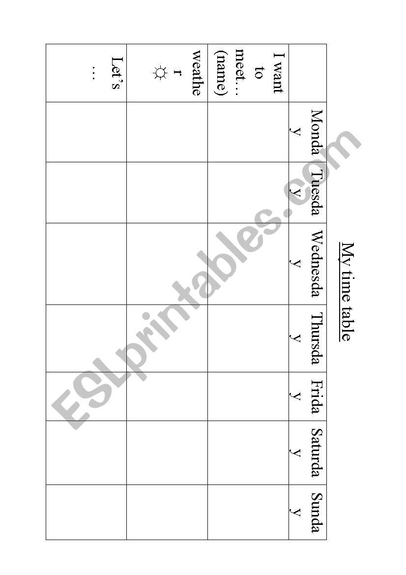 time table for free time worksheet