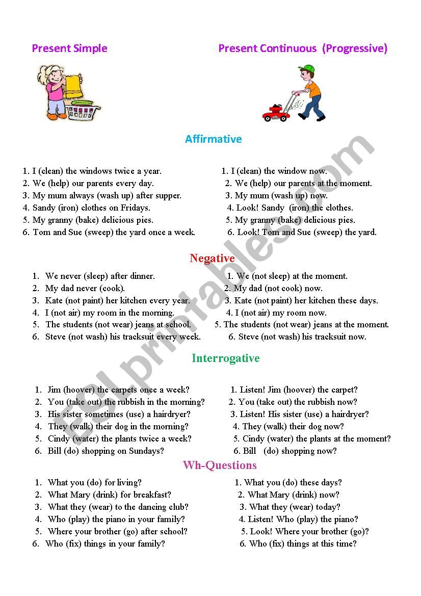 Present Simple vs Present Continuous. Chores