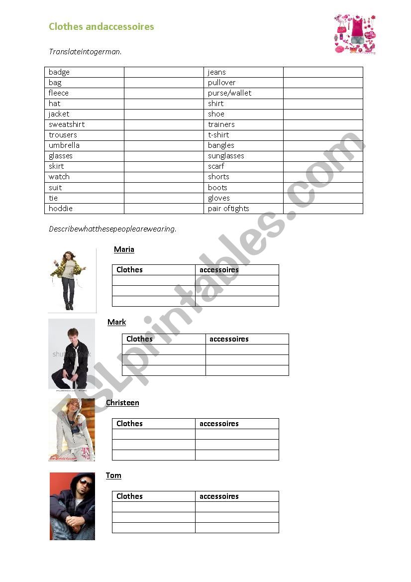 clothes and accessoires worksheet