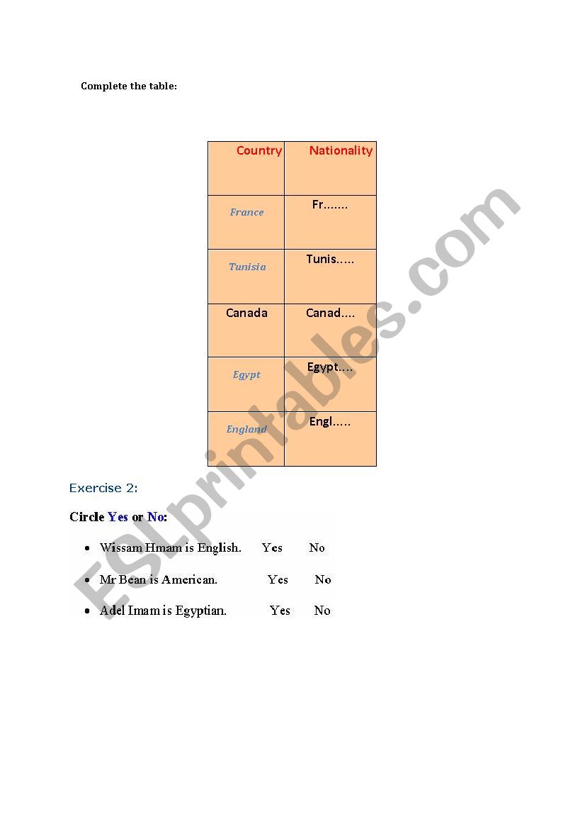 EXERCICE worksheet