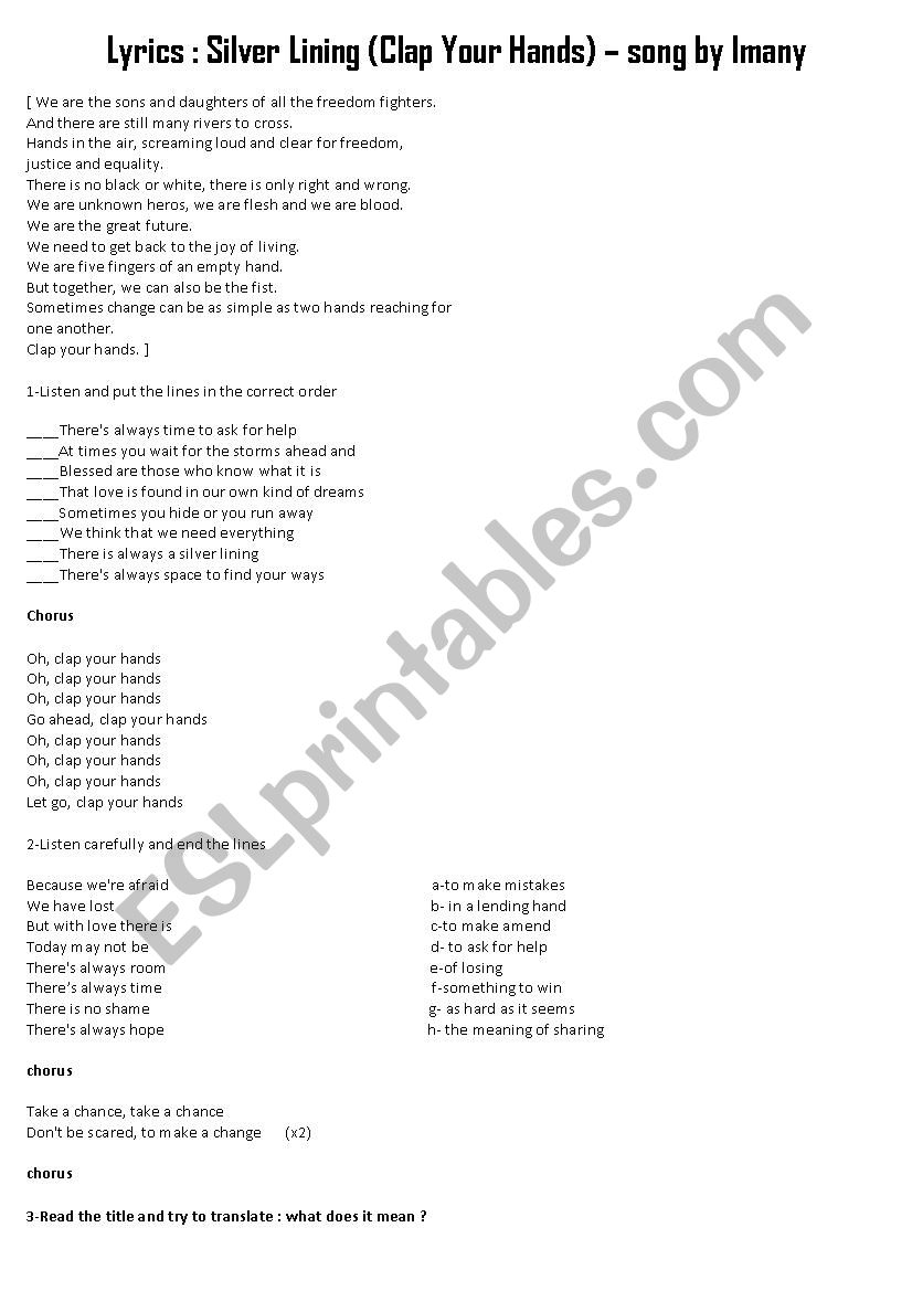 Imany - Silver Lining worksheet