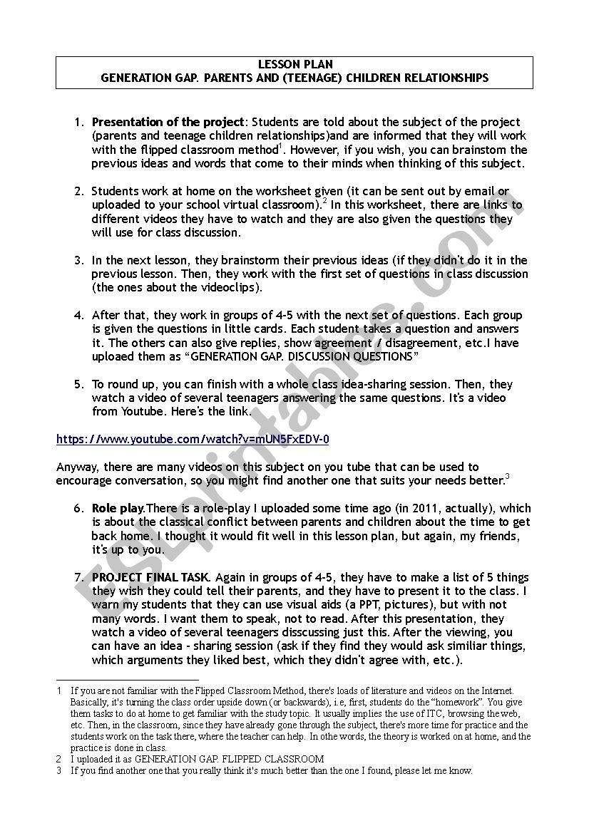 GENERATION GAP. LESSON PLAN worksheet