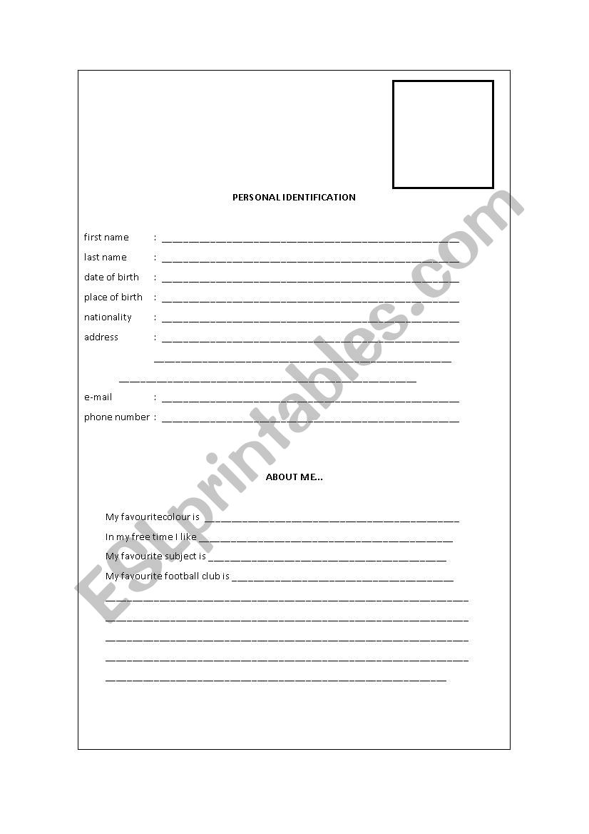 Personal ID worksheet