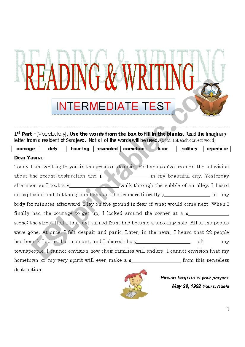 RW INTERMEDIATE TEST worksheet