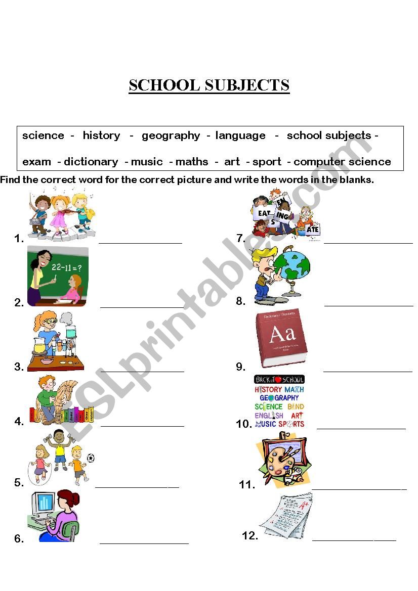 SCHOOL SUBECTS worksheet