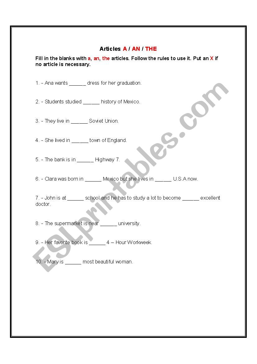 Articles A / AN /THE worksheet