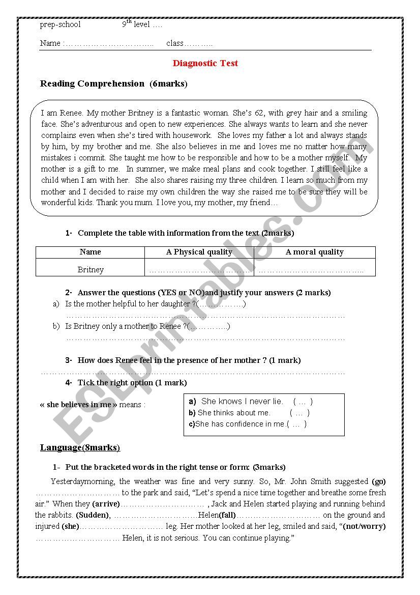 diagnostic test reading, grammar and writing 9 year