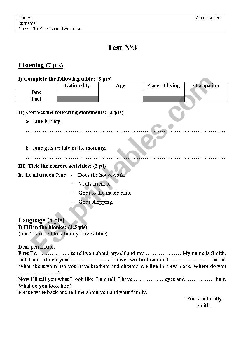 9th Year Basic Education worksheet