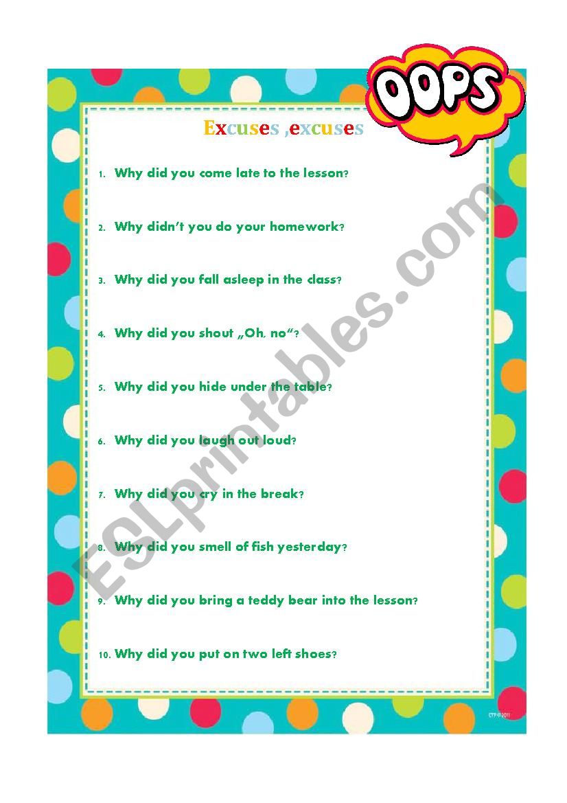 Excuses, excuses worksheet