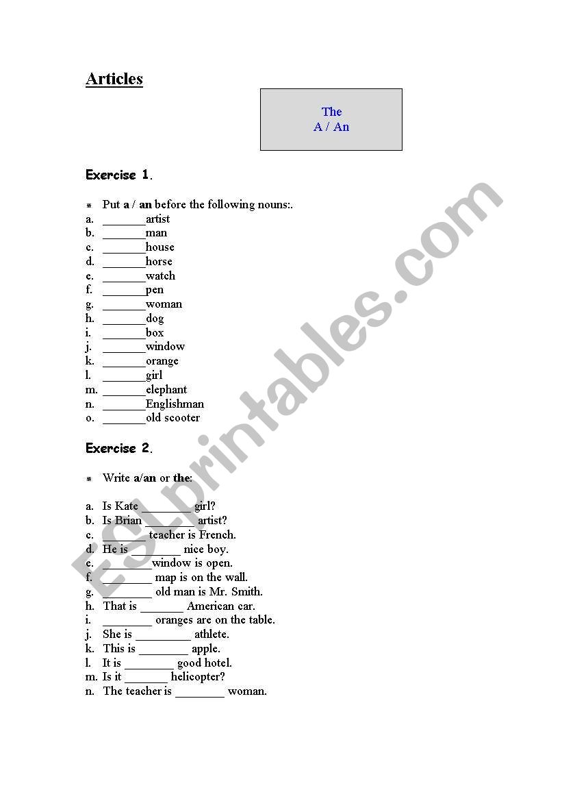 A/an/the worksheet