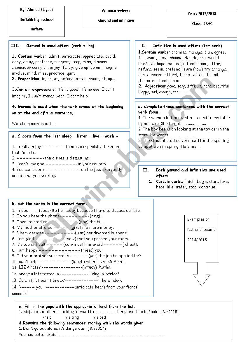 Gerund and infinitive worksheet