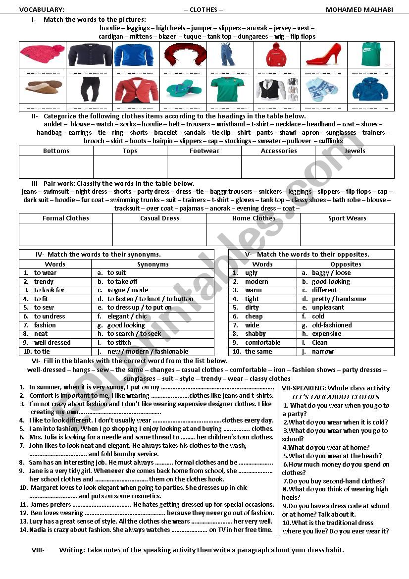 Clothes related vocabulary worksheet
