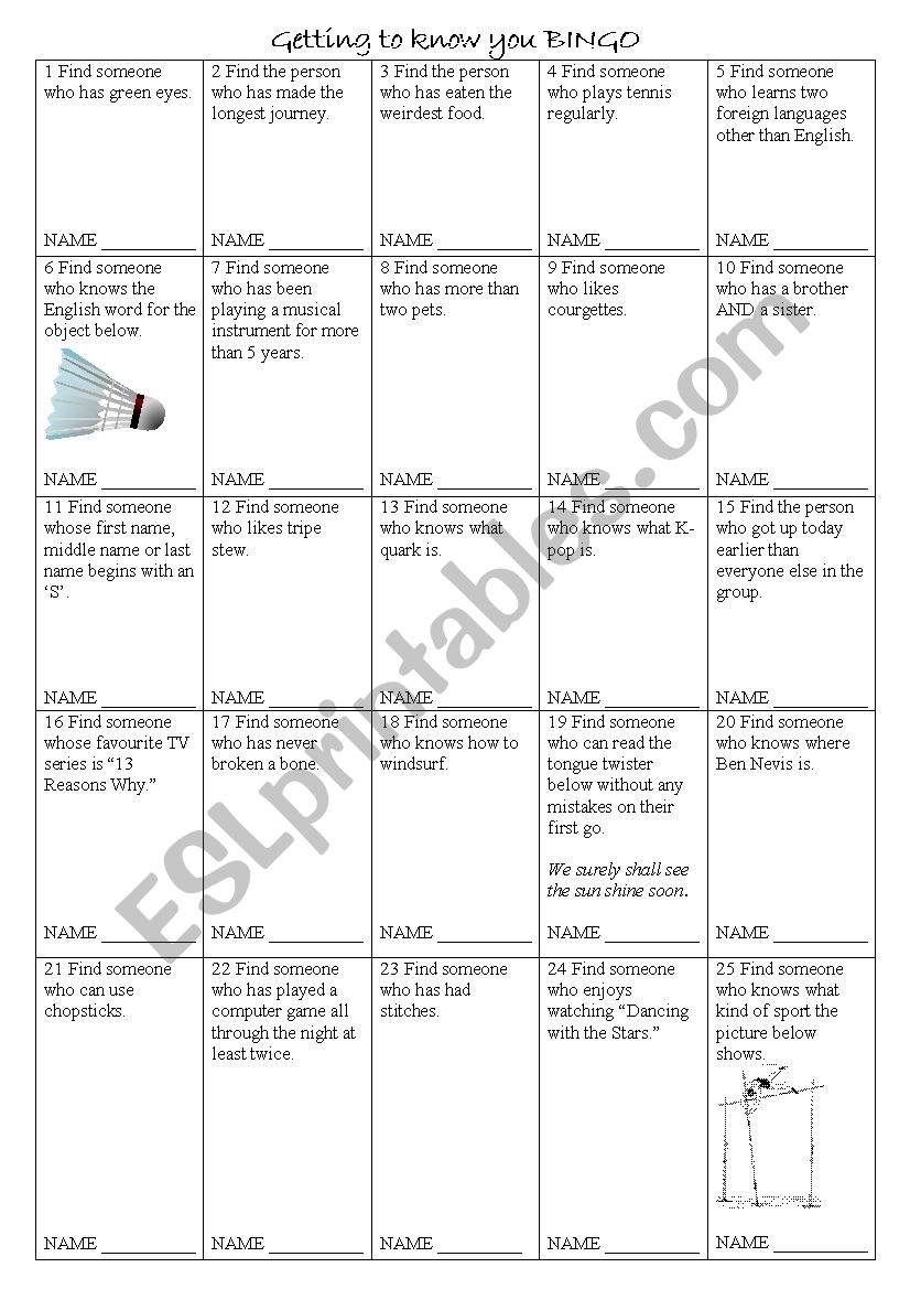 Getting to know you bingo worksheet