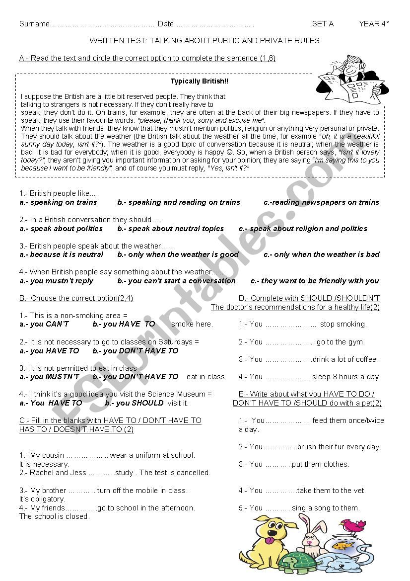 Modal Verbs test SET A worksheet