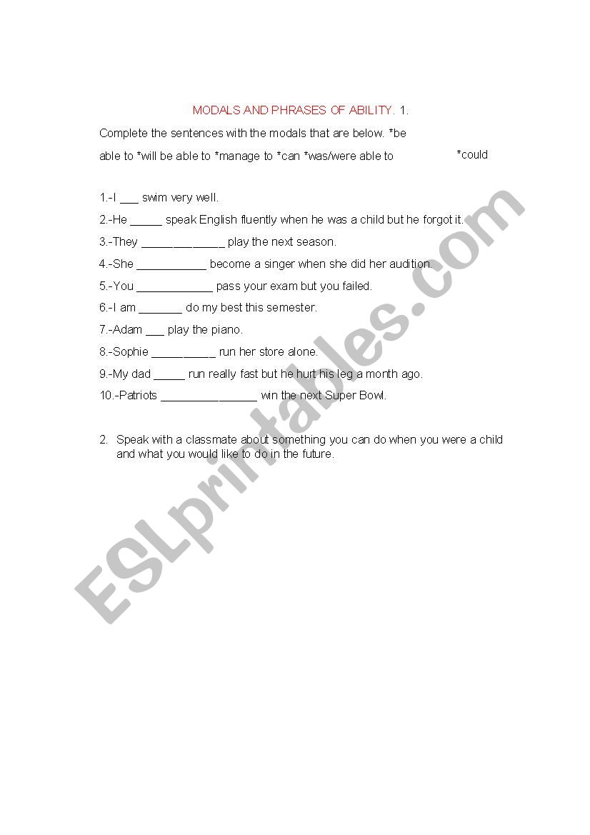 Modals and phrases of ability worksheet