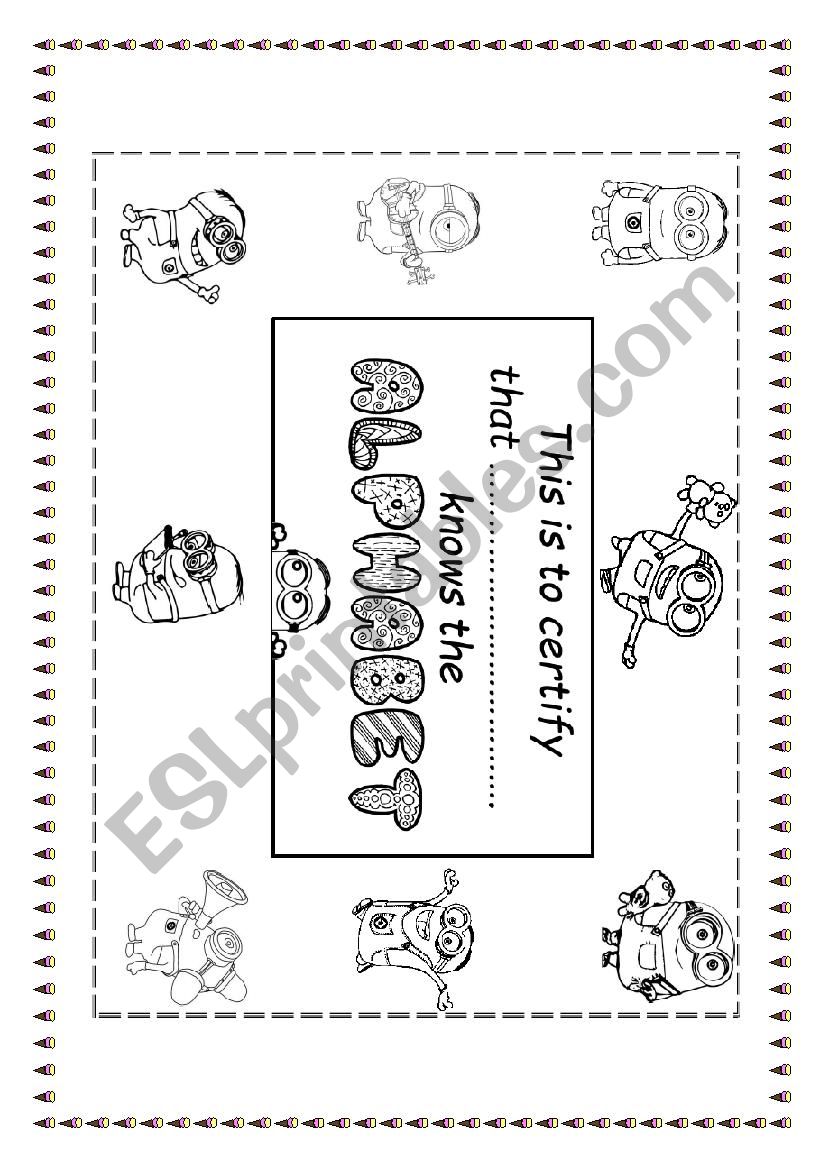 ALPHABET AWARD WITH MINIONS worksheet