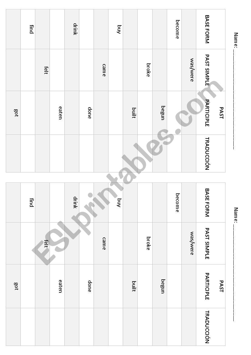 Irregular verbs test 1 worksheet