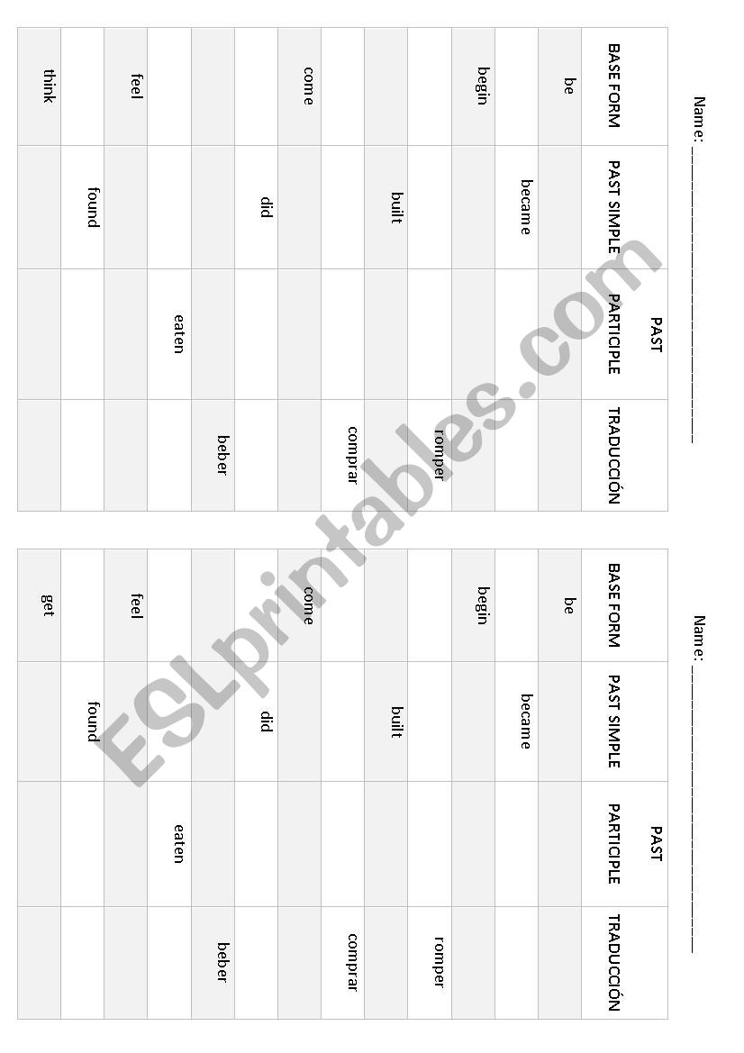 Irregular verbs test 2 worksheet