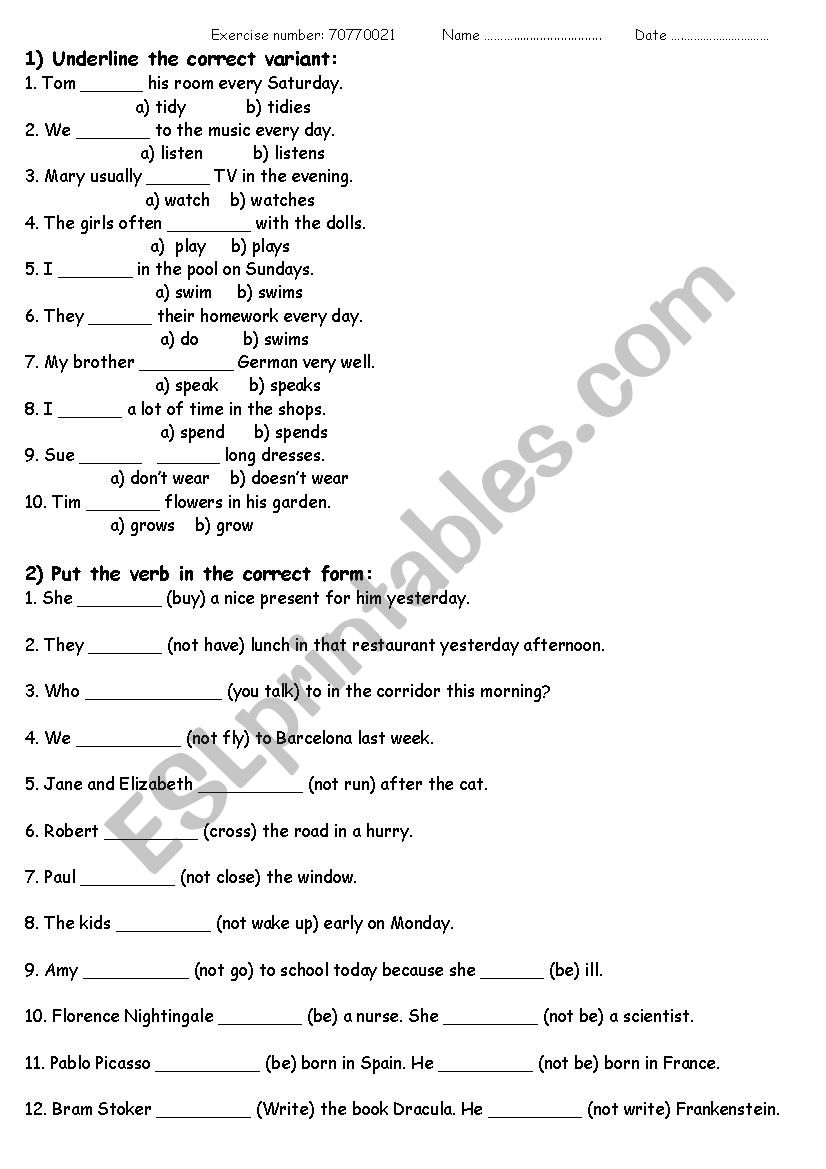 exercises present and past simple 