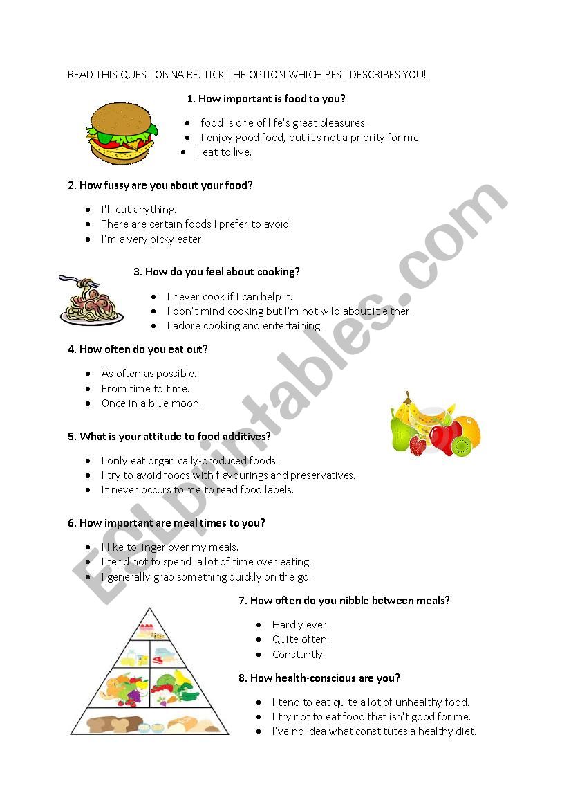 food questionnaire worksheet