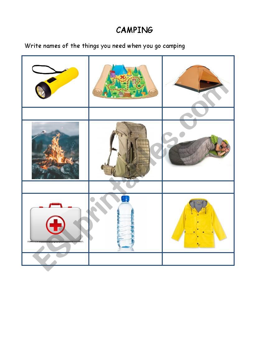 Things for camping worksheet